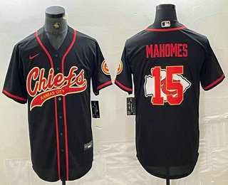 Men%27s Kansas City Chiefs #15 Patrick Mahomes Black Team Big Logo With Patch Cool Base Stitched Baseball Jersey